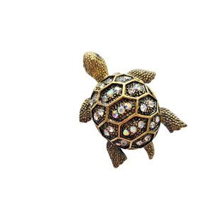 Vintage Gold Tone Brooch Rhinestone Turtle Animal AB Rhinestones